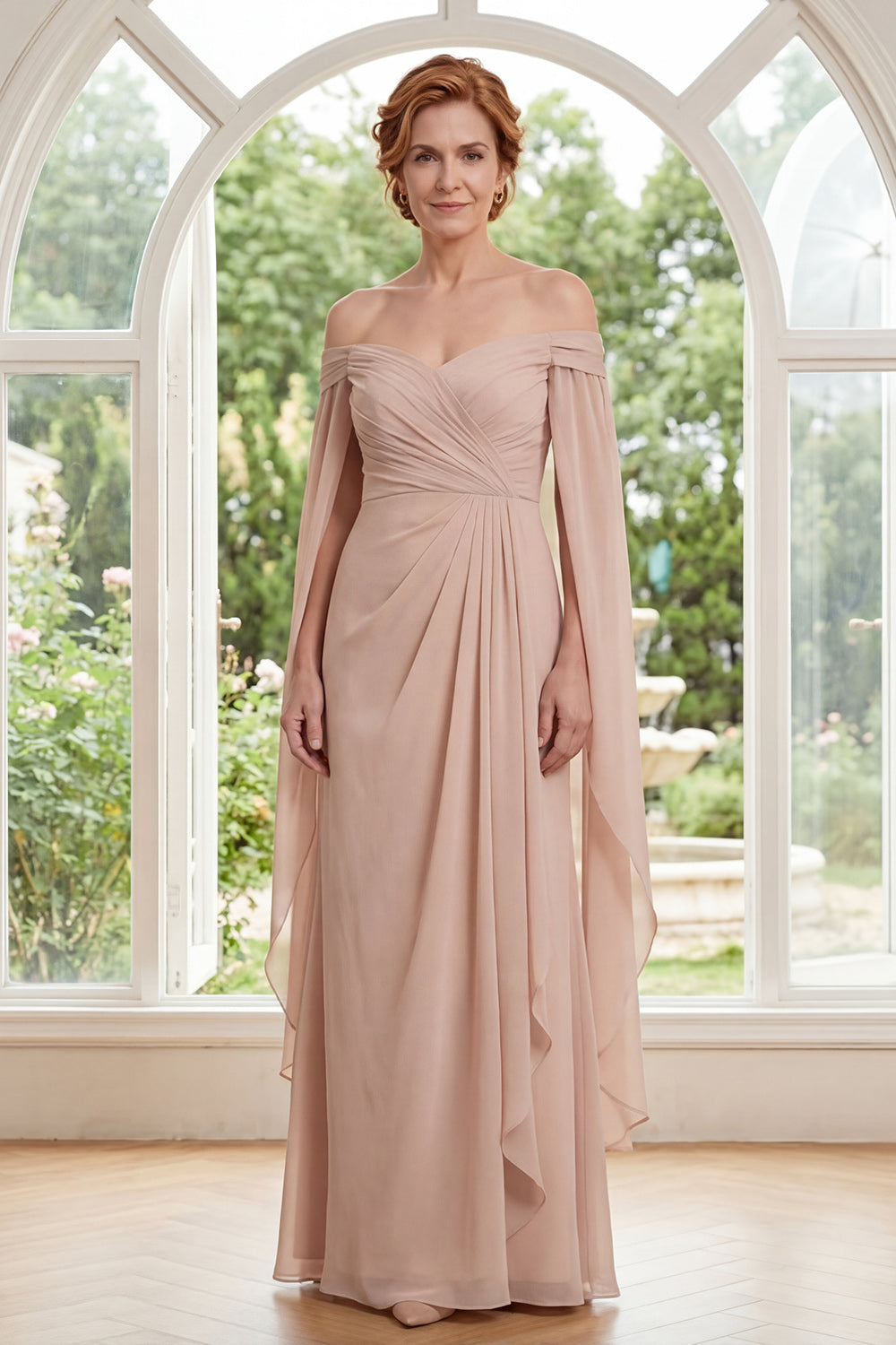 Chiffon Champagne Off the Shoulder Ruched Mother Of the Bride Dress with Cape Sleeves