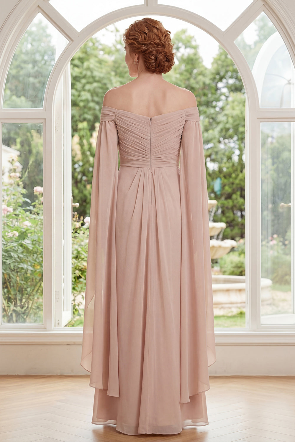 Chiffon Champagne Off the Shoulder Ruched Mother Of the Bride Dress with Cape Sleeves