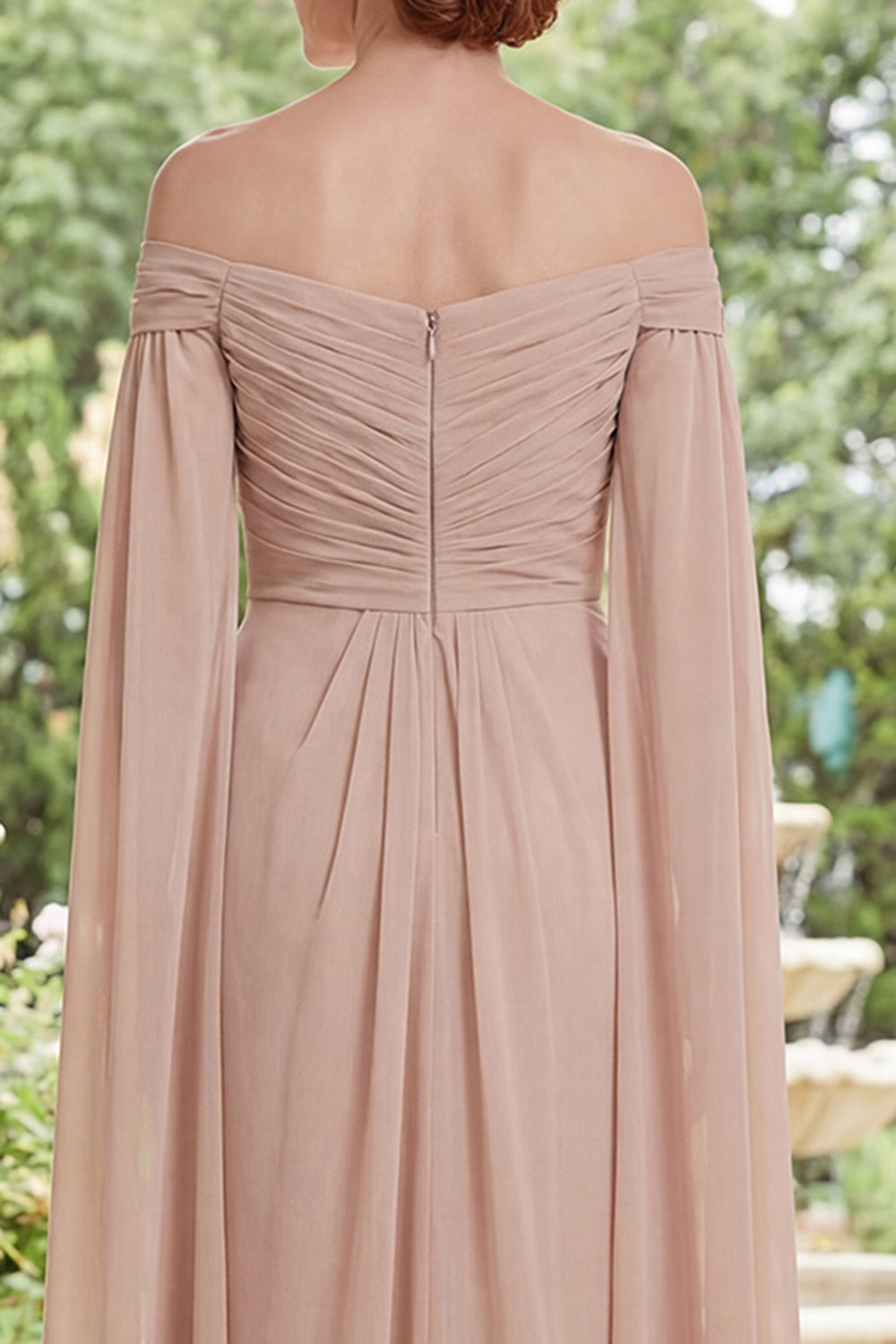 Chiffon Champagne Off the Shoulder Ruched Mother Of the Bride Dress with Cape Sleeves