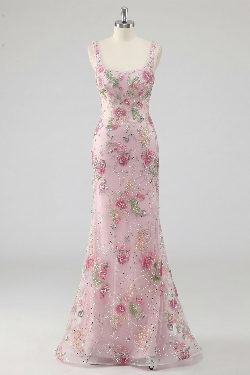 Robe de bal sirène longue rose à col carré, ornée de fleurs et de perles