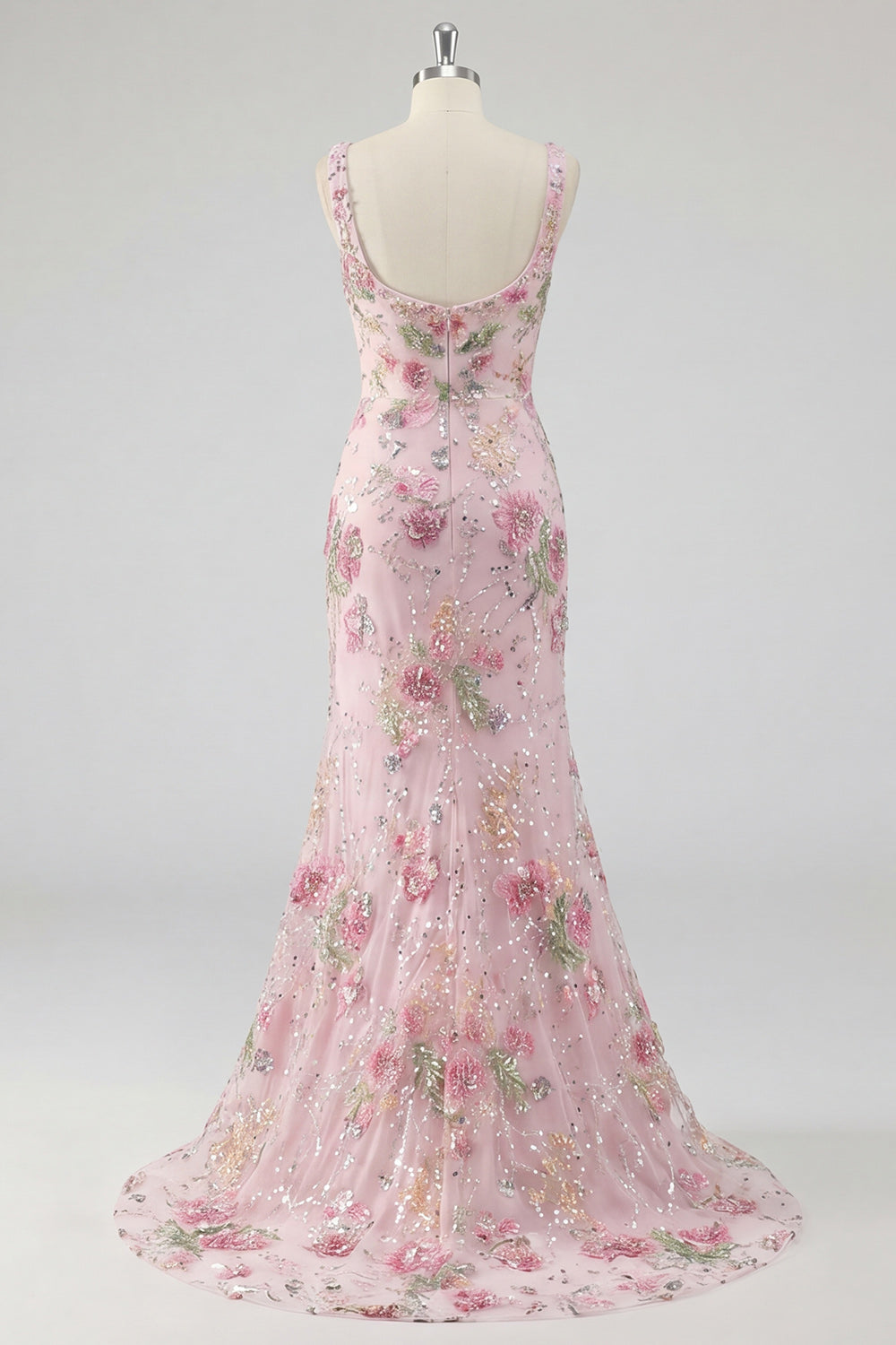 Robe de bal sirène longue rose à col carré, ornée de fleurs et de perles