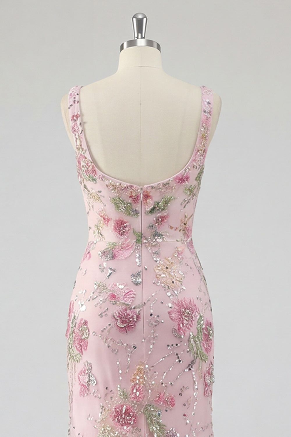 Robe de bal sirène longue rose à col carré, ornée de fleurs et de perles