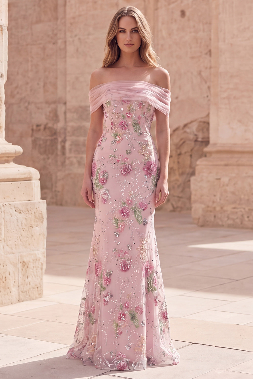 Robe de bal longue sirène rose florale épaules dénudées avec perles