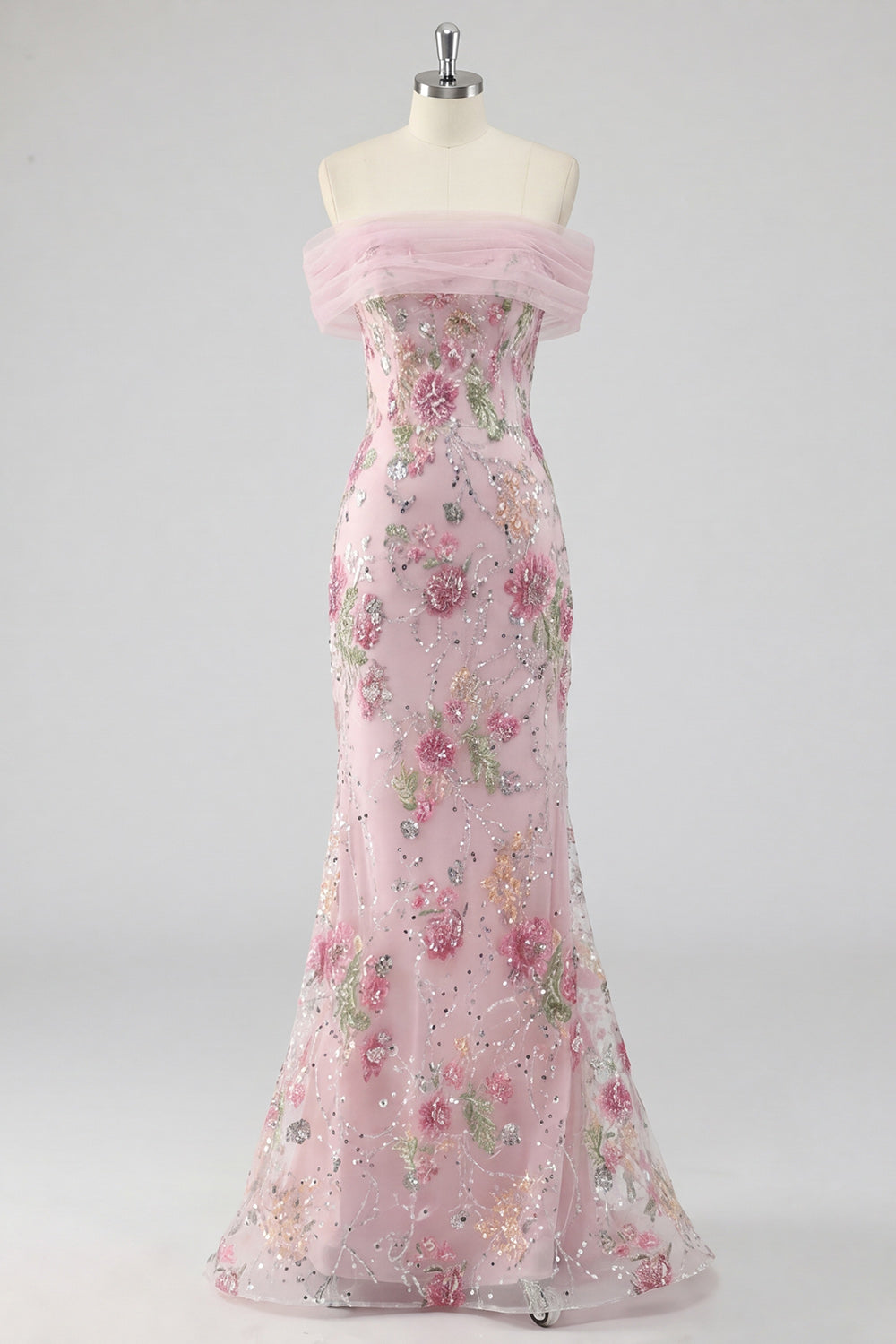 Robe de bal longue sirène rose florale épaules dénudées avec perles