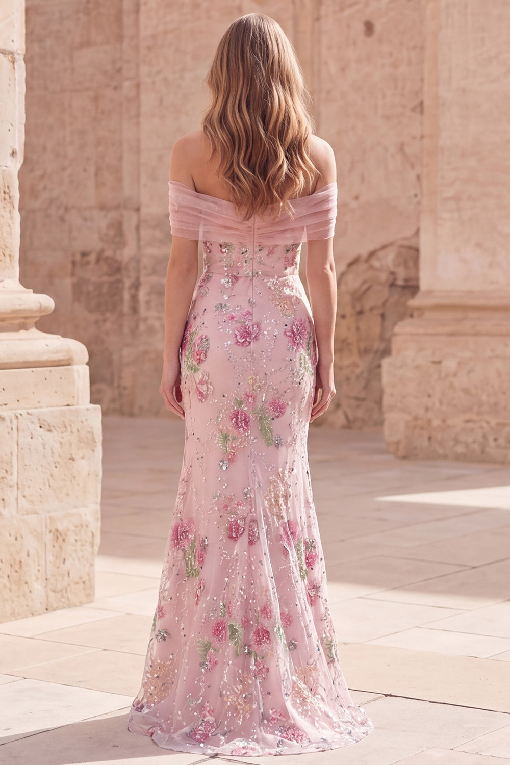 Robe de bal longue sirène rose florale épaules dénudées avec perles
