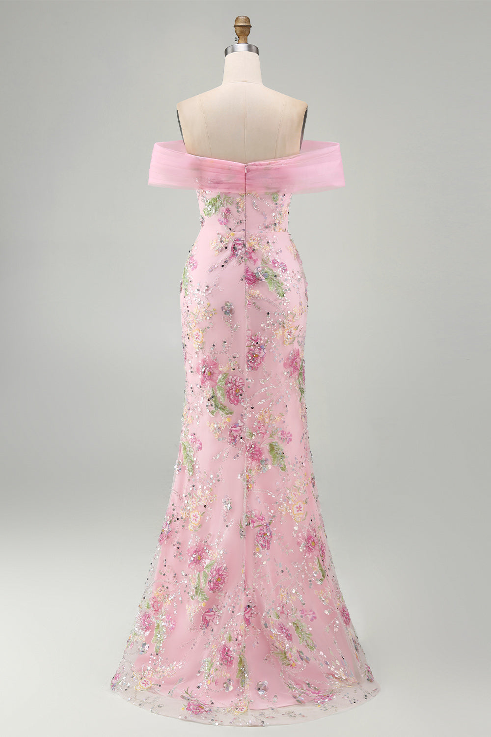 Off the Shoulder Pink Mermaid Floral Long Prom Dress with Beading