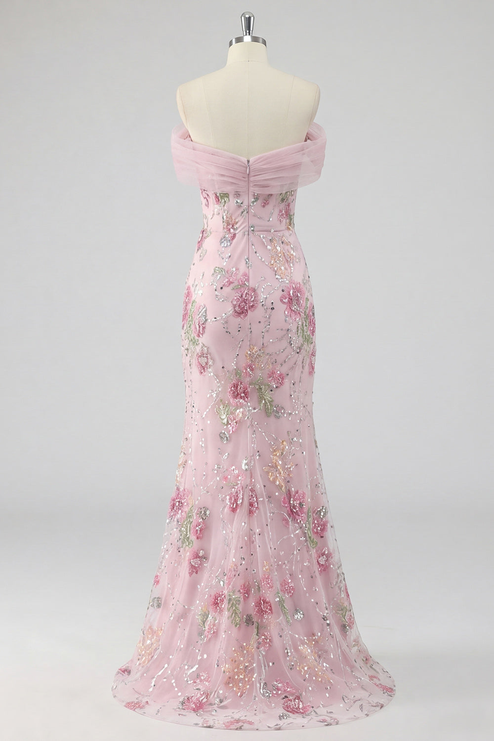 Robe de bal longue sirène rose florale épaules dénudées avec perles
