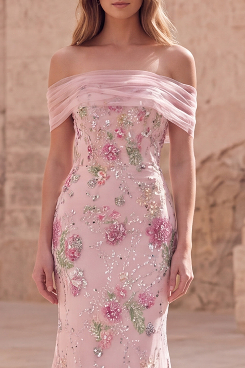 Robe de bal longue sirène rose florale épaules dénudées avec perles