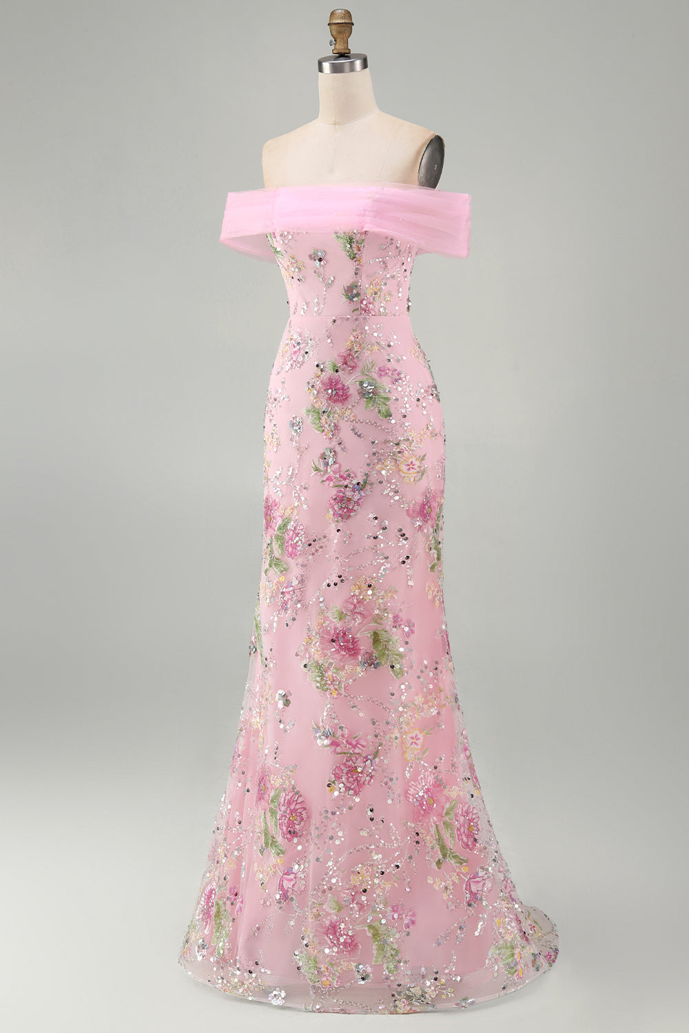 Off the Shoulder Pink Mermaid Floral Long Prom Dress with Beading