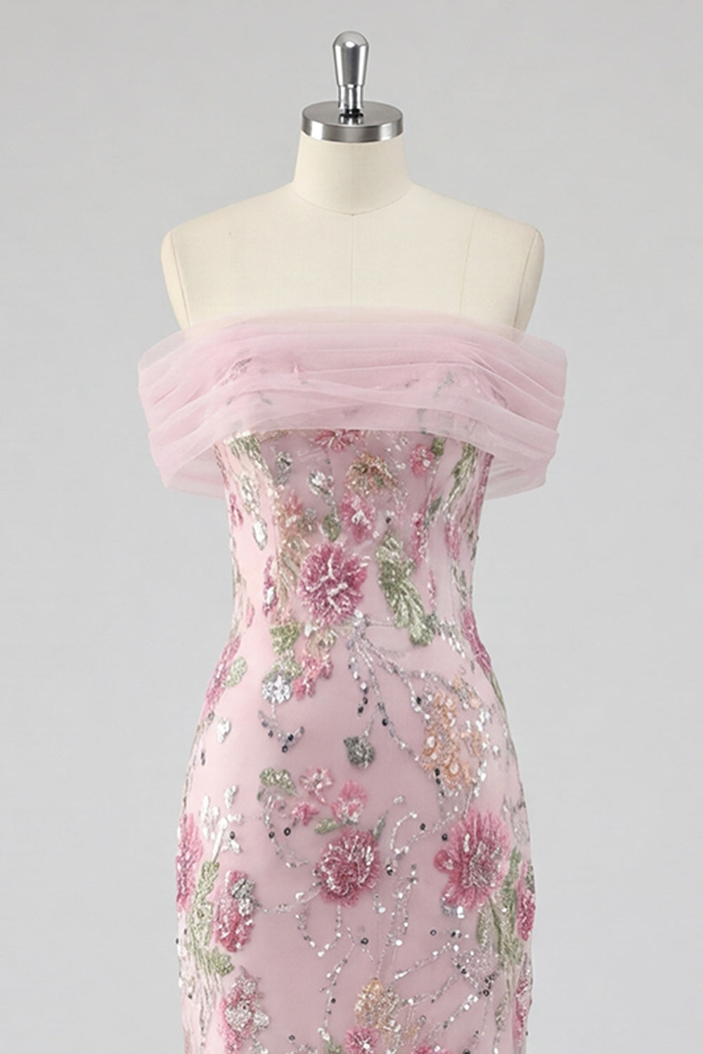 Robe de bal longue sirène rose florale épaules dénudées avec perles