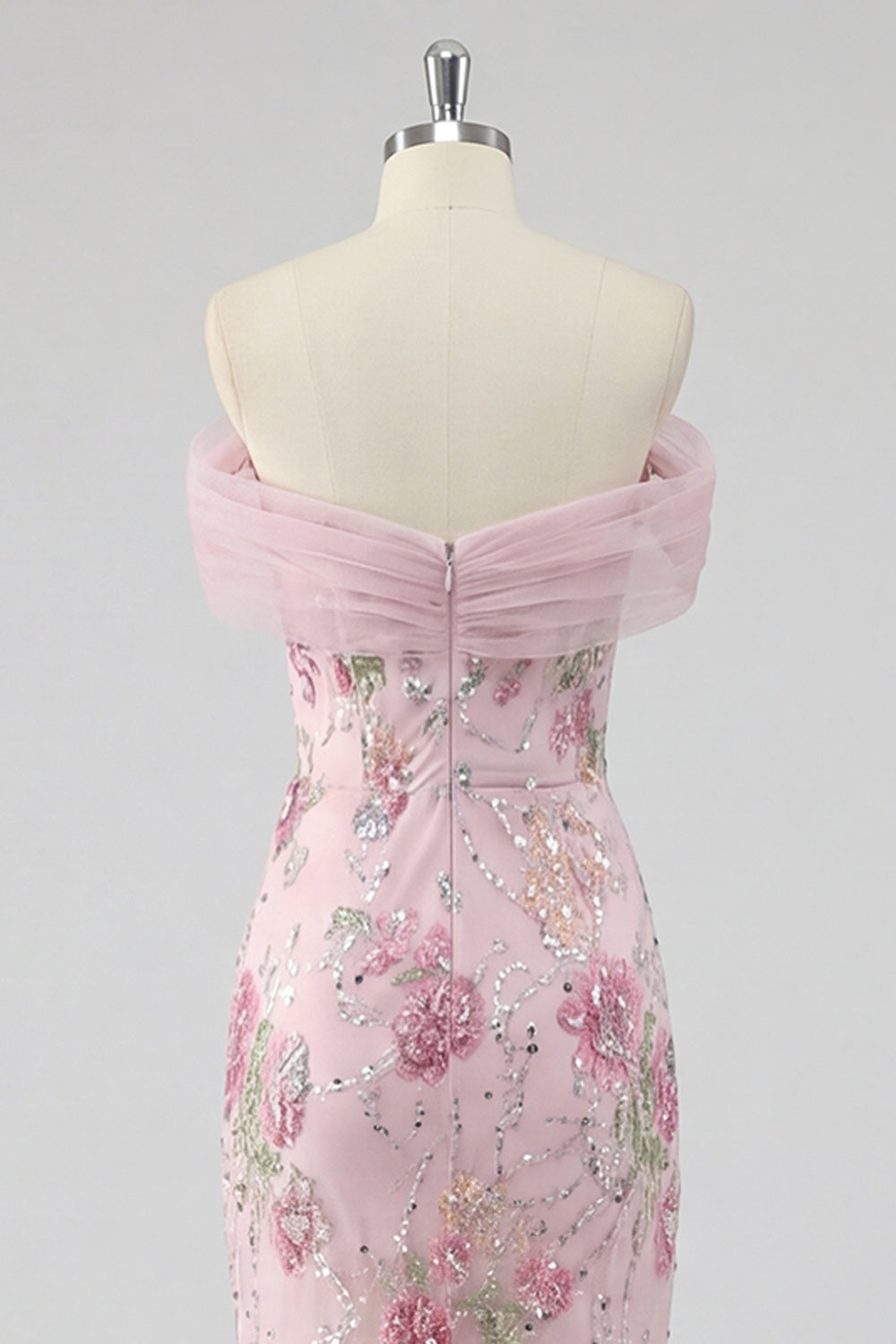 Robe de bal longue sirène rose florale épaules dénudées avec perles
