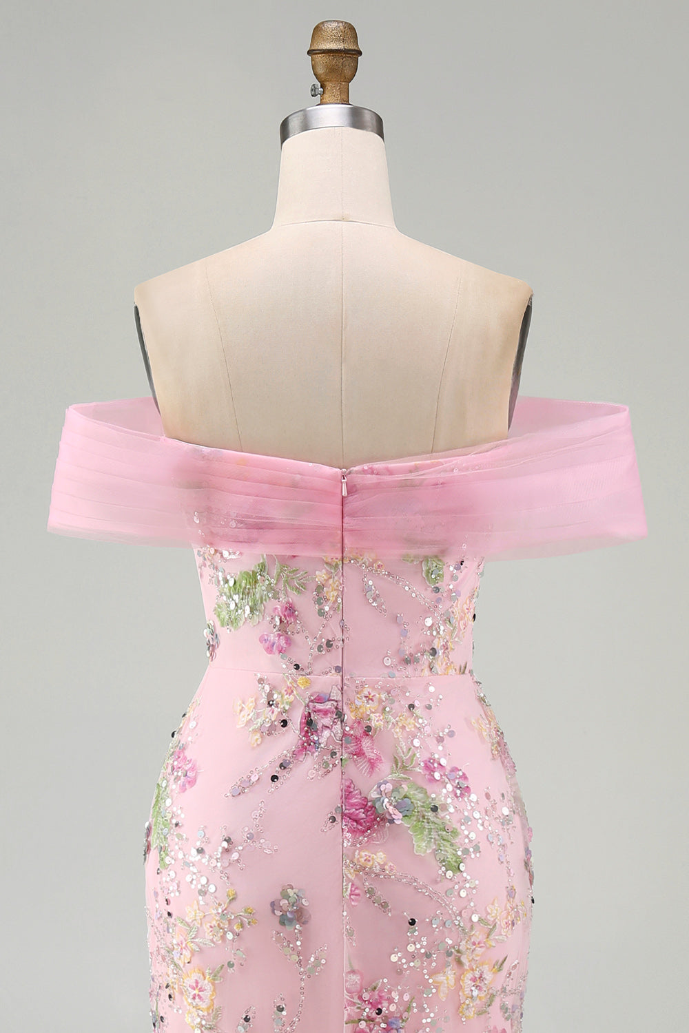 Off the Shoulder Pink Mermaid Floral Long Prom Dress with Beading
