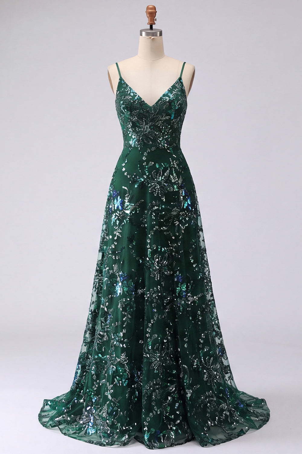 Sparkly A-Line Dark Green Spaghetti Straps Sequins Long Prom Dress