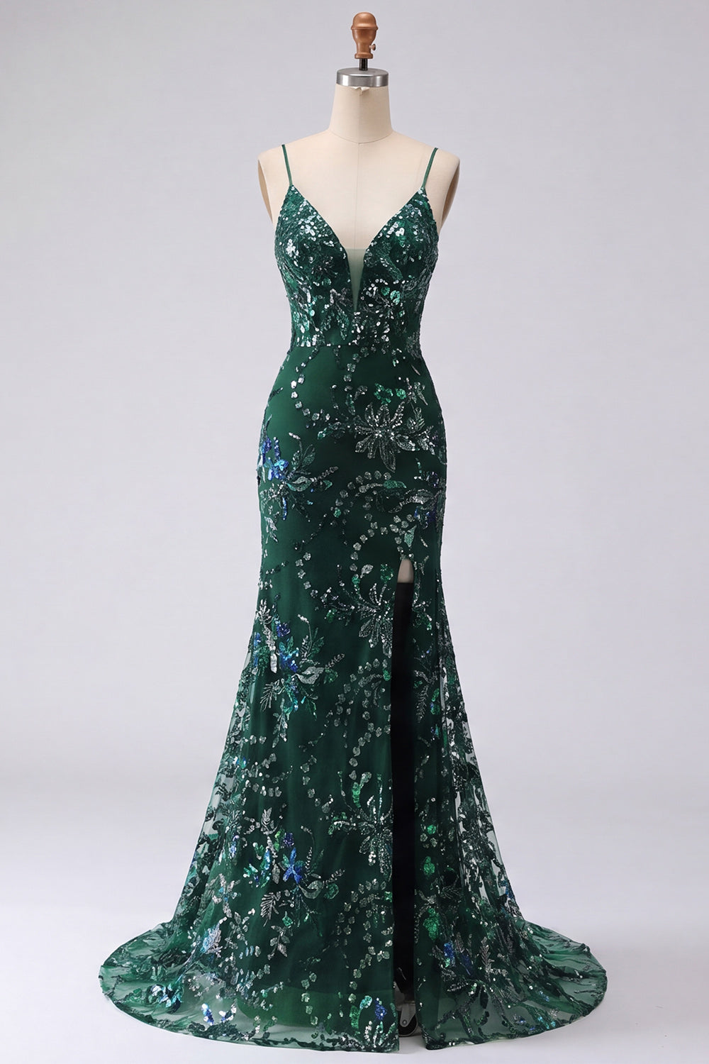 Sparkly Dark Green Mermaid Spaghetti Straps Sequins Long Prom Dress with Slit