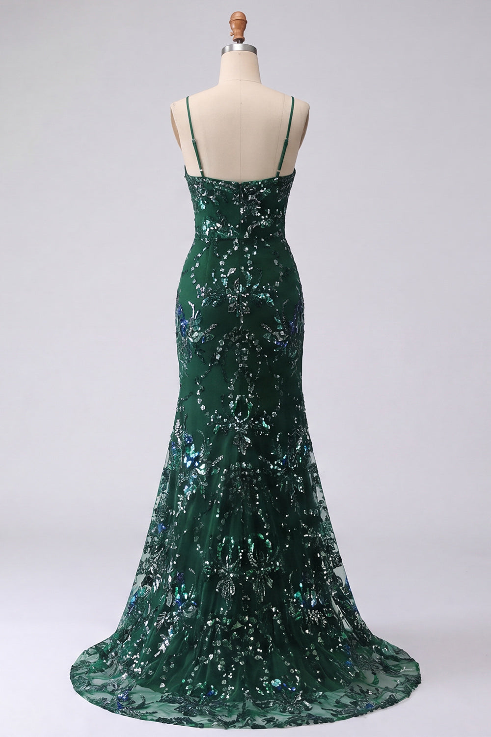 Sparkly Dark Green Mermaid Spaghetti Straps Sequins Long Prom Dress with Slit