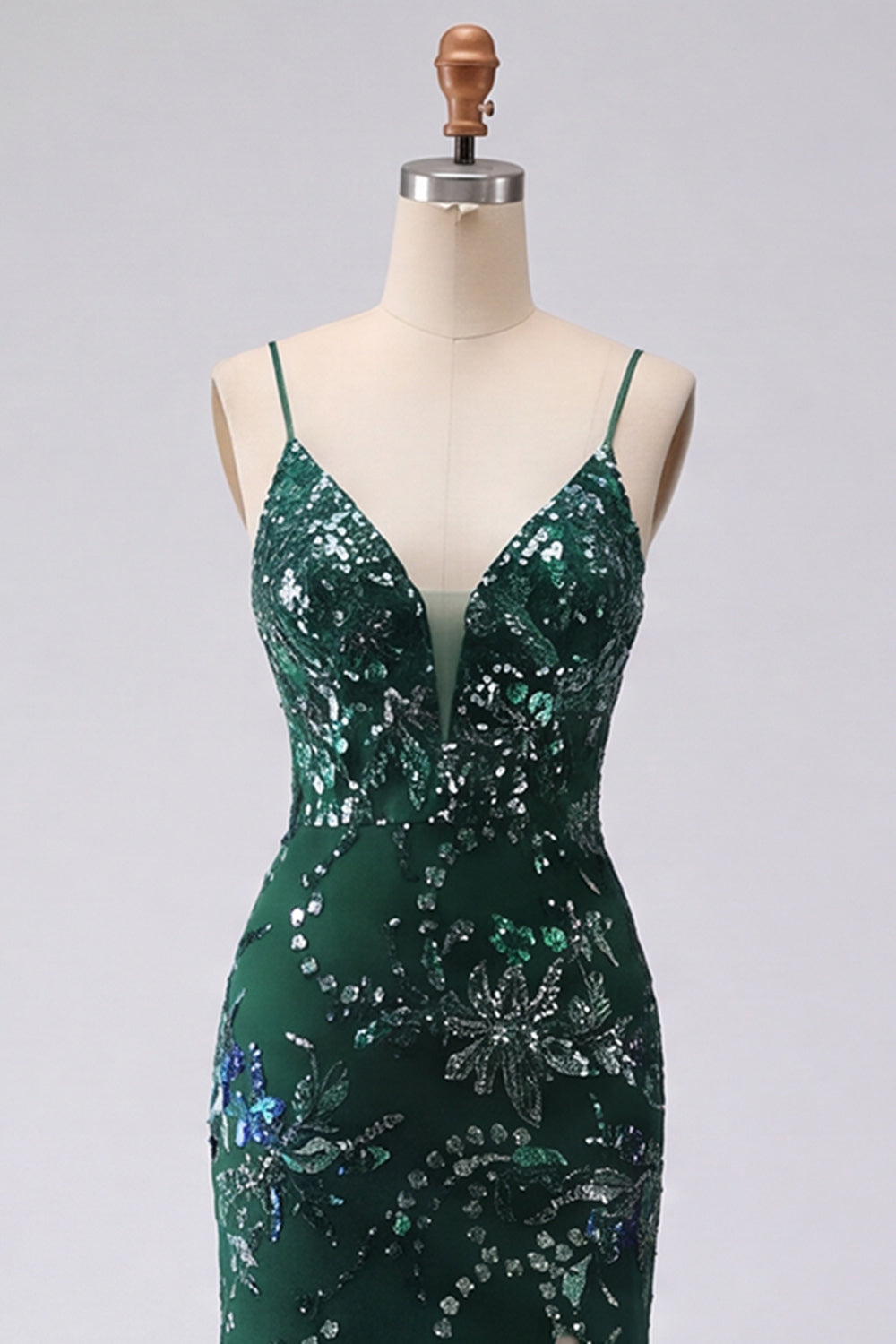 Sparkly Dark Green Mermaid Spaghetti Straps Sequins Long Prom Dress with Slit