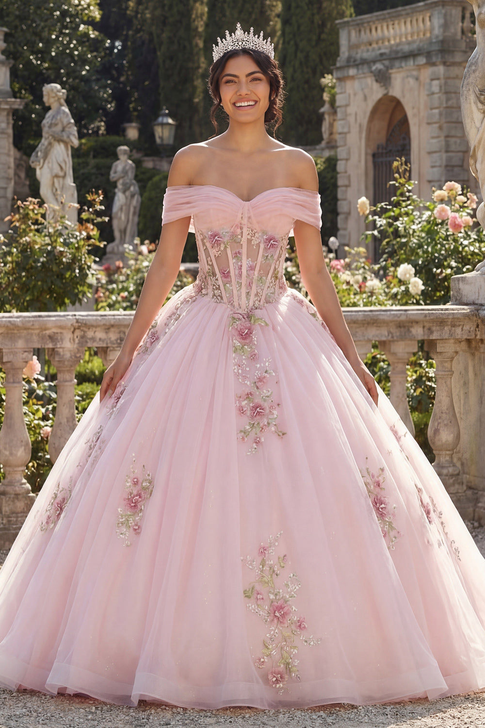 Robe de bal de Quinceañera rose à fleurs, corset et épaules dénudées
