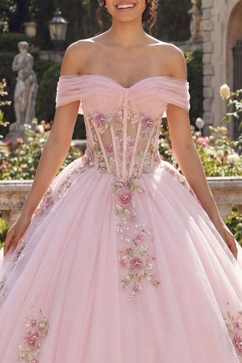 Robe de bal de Quinceañera rose à fleurs, corset et épaules dénudées