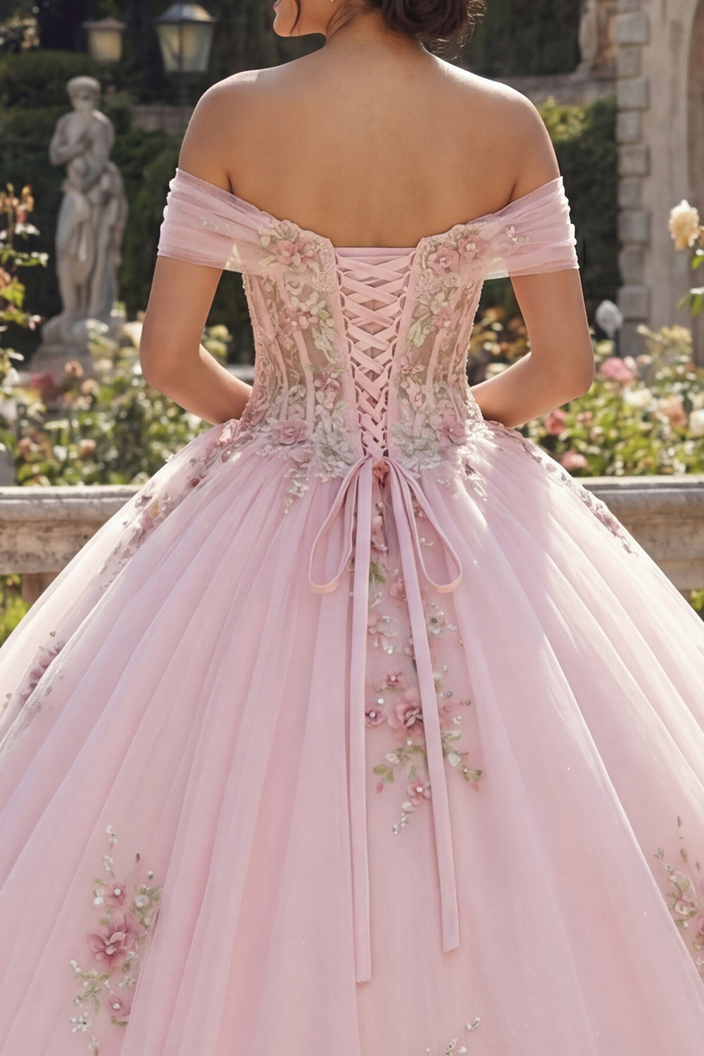 Robe de bal de Quinceañera rose à fleurs, corset et épaules dénudées
