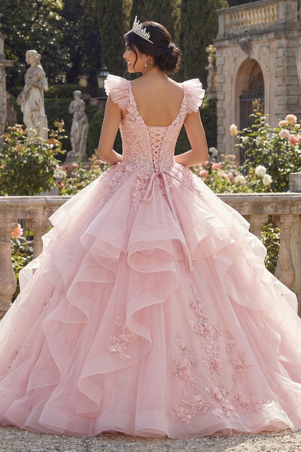 Robe de bal rose à volants et appliques, robe de Quinceañera avec fleurs 3D