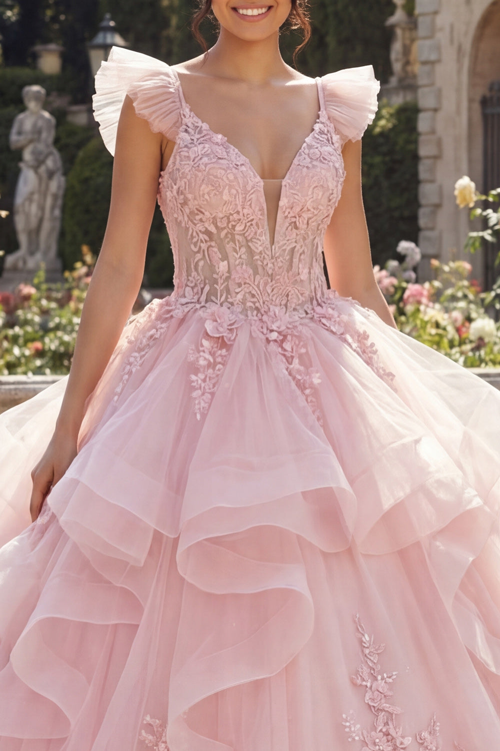 Robe de bal rose à volants et appliques, robe de Quinceañera avec fleurs 3D