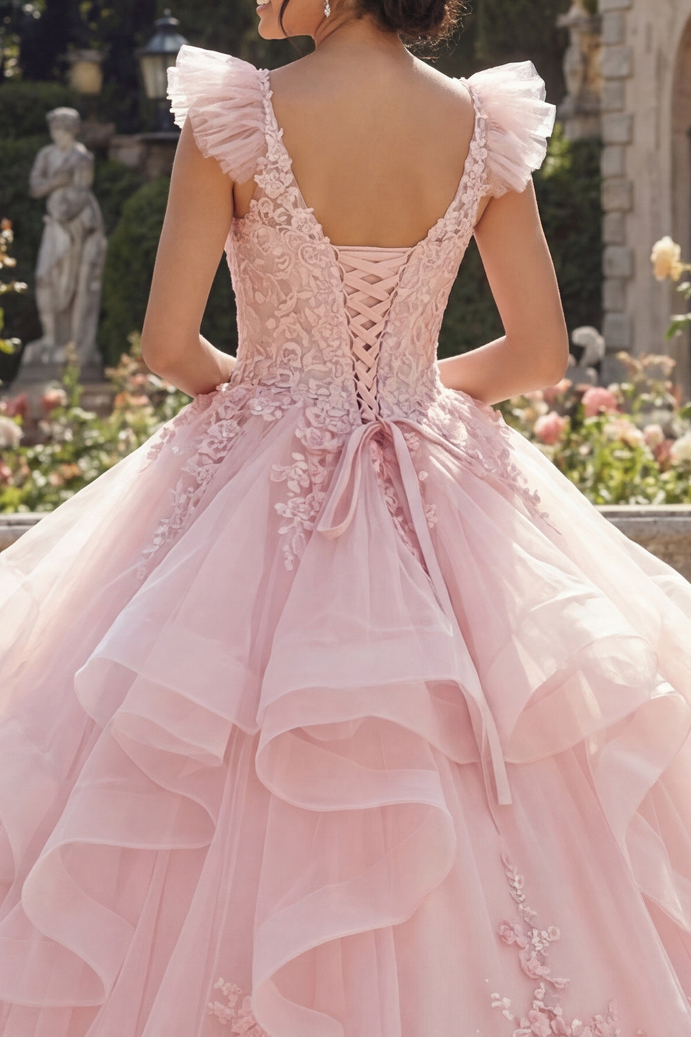 Robe de bal rose à volants et appliques, robe de Quinceañera avec fleurs 3D