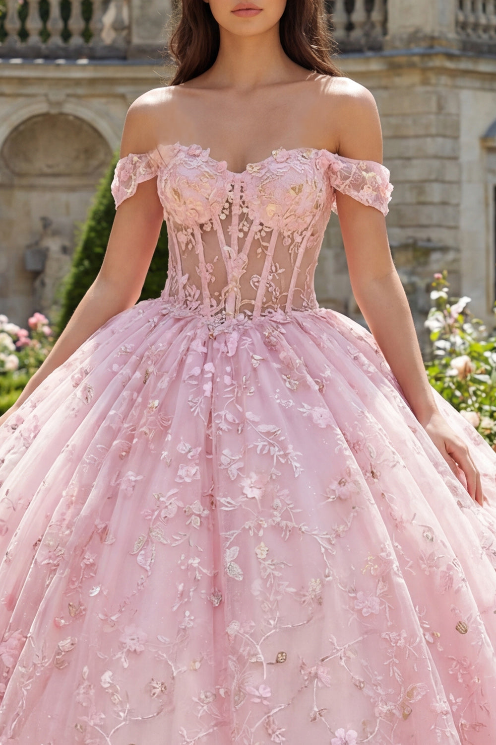 Vestido de Quinceañera con Corsé Rosado sin Hombros y Apliques de Bola