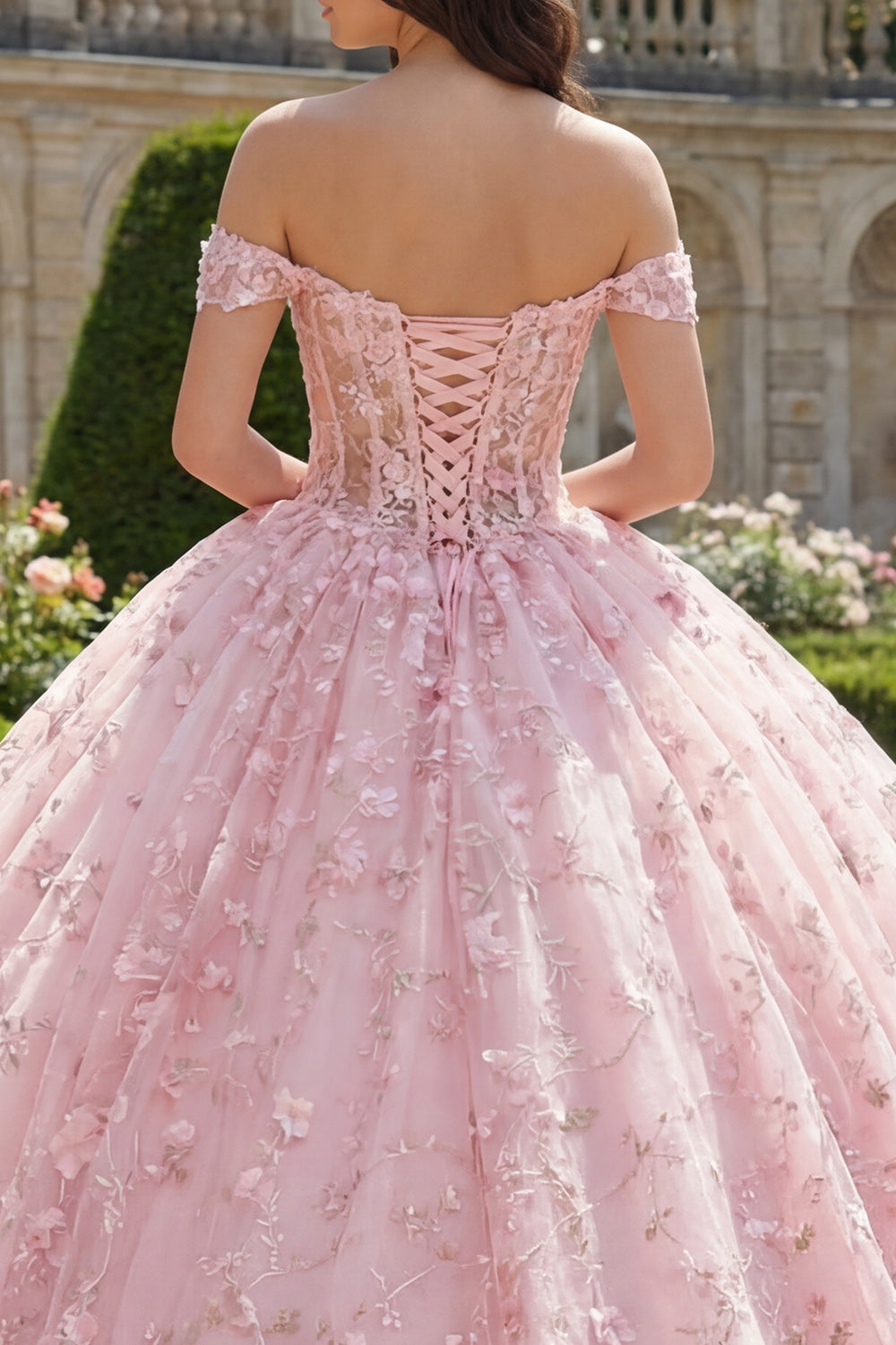 Vestido de Quinceañera con Corsé Rosado sin Hombros y Apliques de Bola