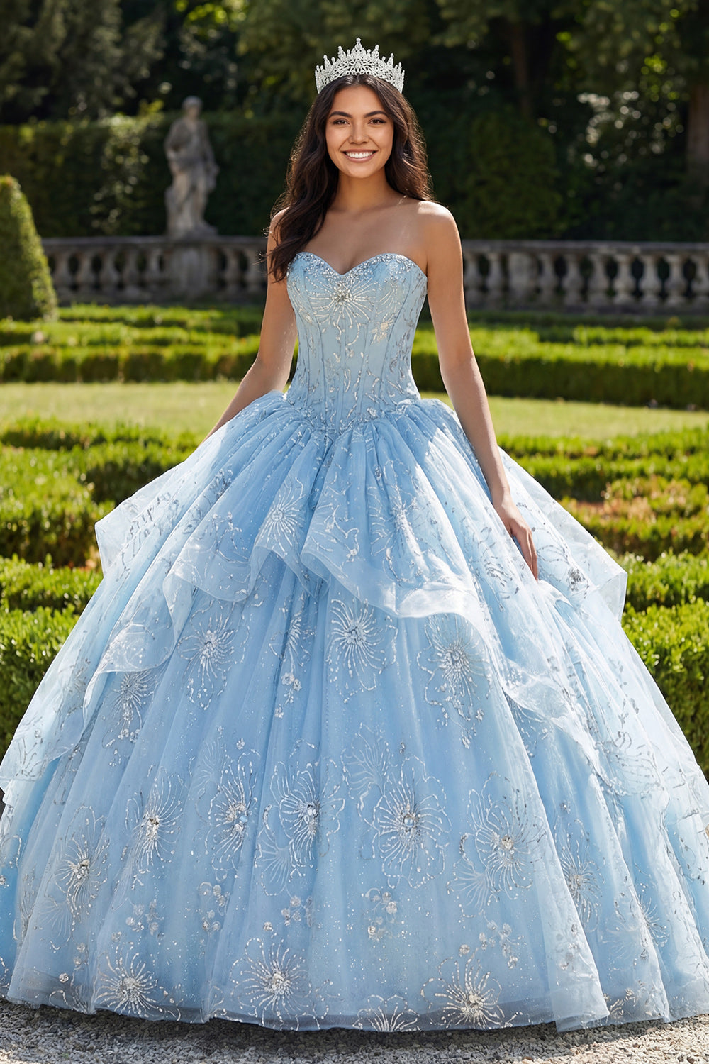 Robe de bal bustier corsage volanté bleu ciel pour Quinceañera