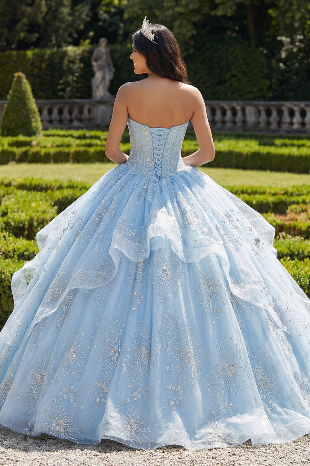Robe de bal bustier corsage volanté bleu ciel pour Quinceañera