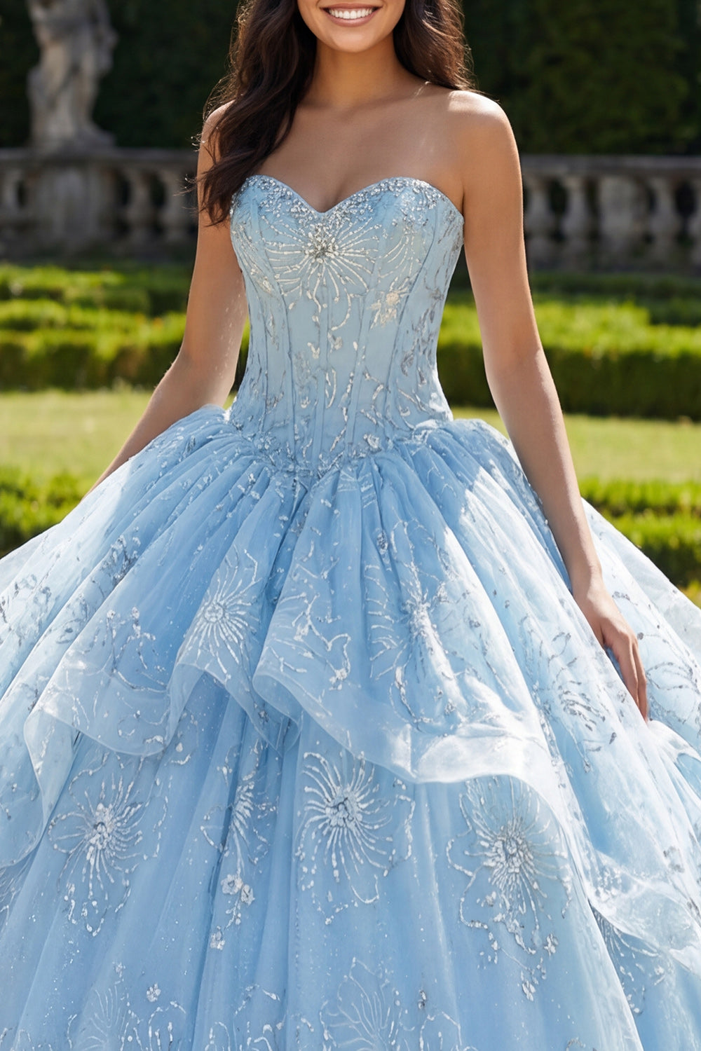 Robe de bal bustier corsage volanté bleu ciel pour Quinceañera