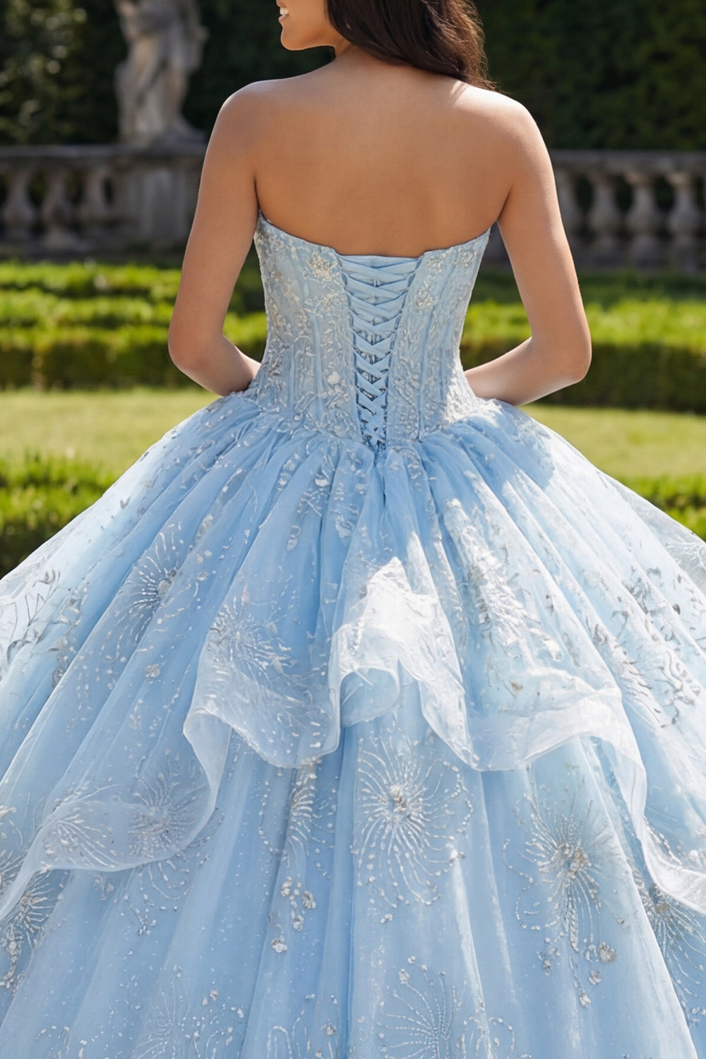 Robe de bal bustier corsage volanté bleu ciel pour Quinceañera