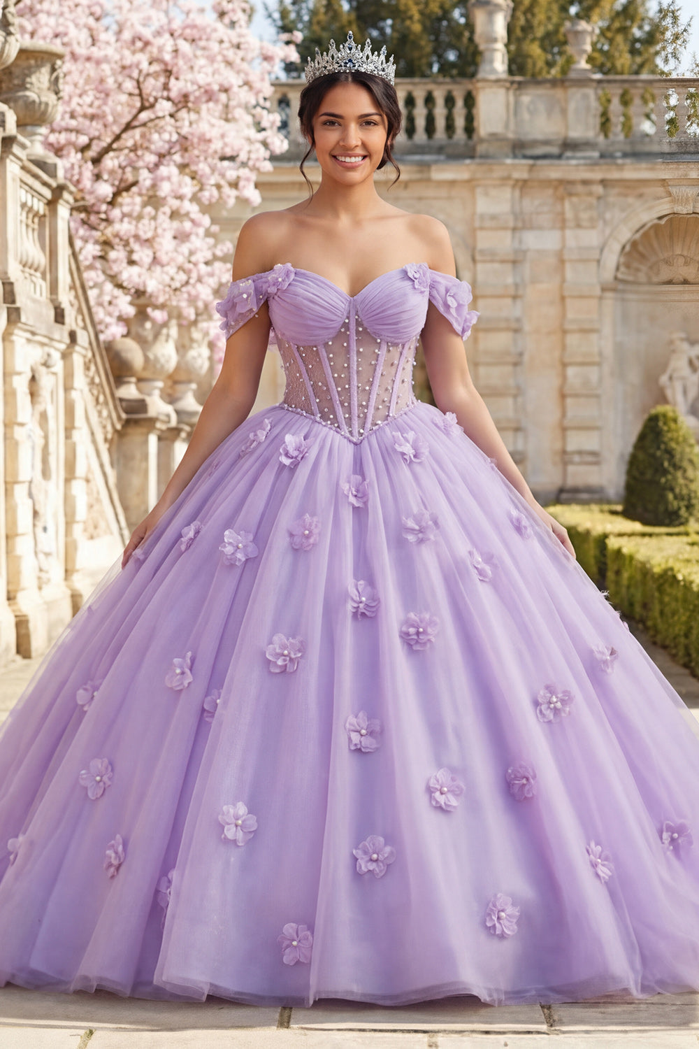 Vestido de quinceañera lila de gala con corsé, hombros descubiertos y flores 3D