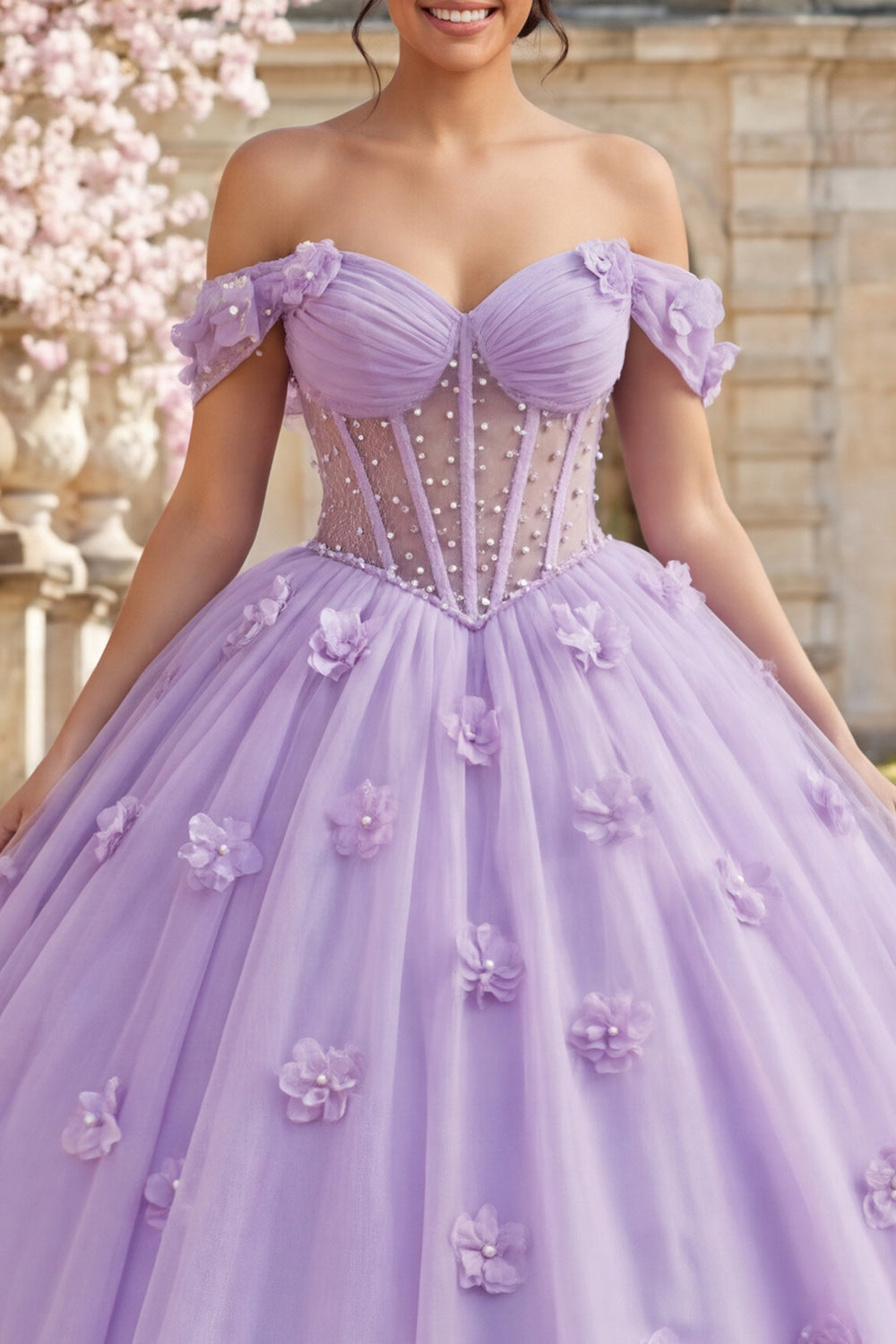 Vestido de quinceañera lila de gala con corsé, hombros descubiertos y flores 3D