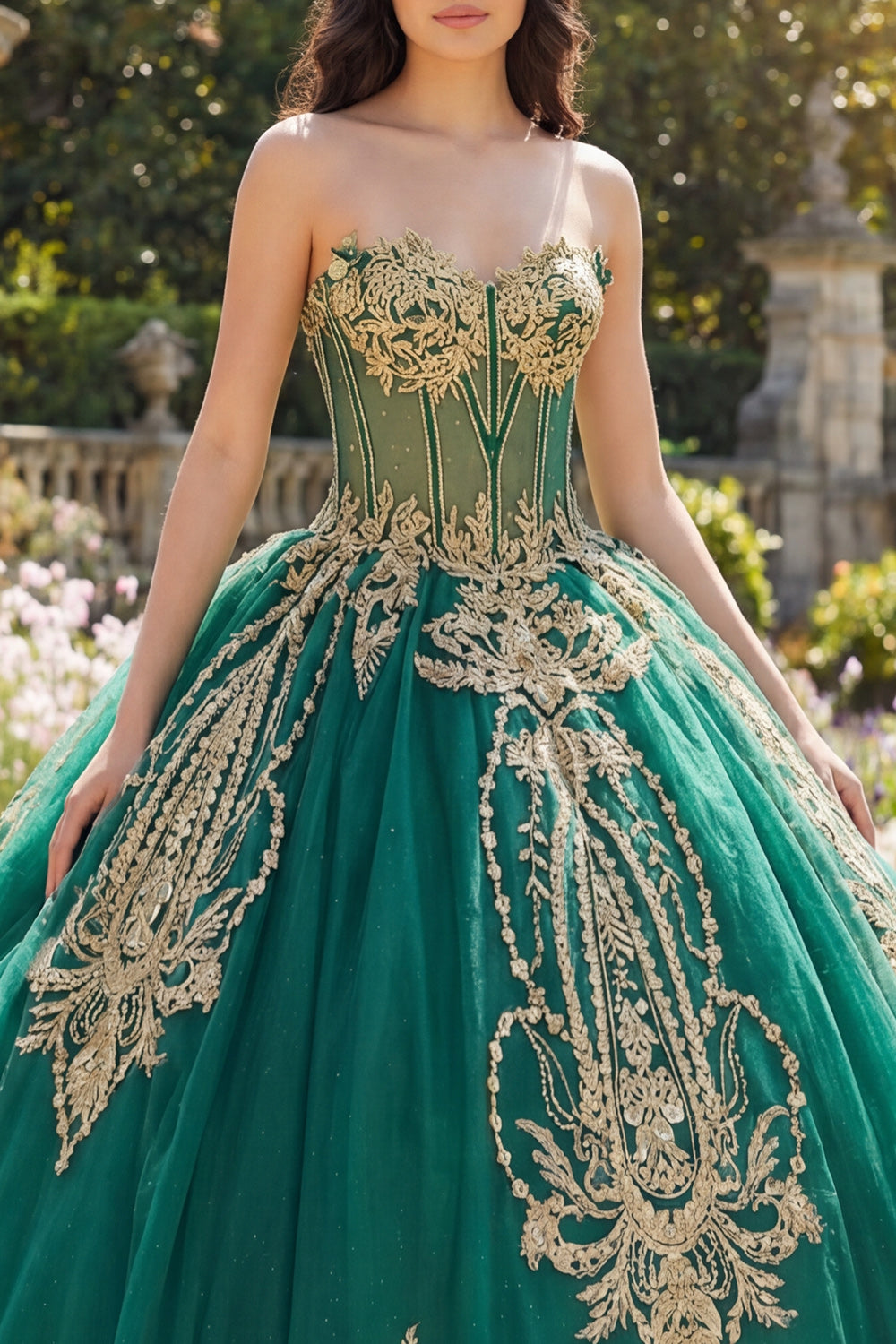 Ball Gown Green Strapless Corset Appliqued Quinceanera Dress