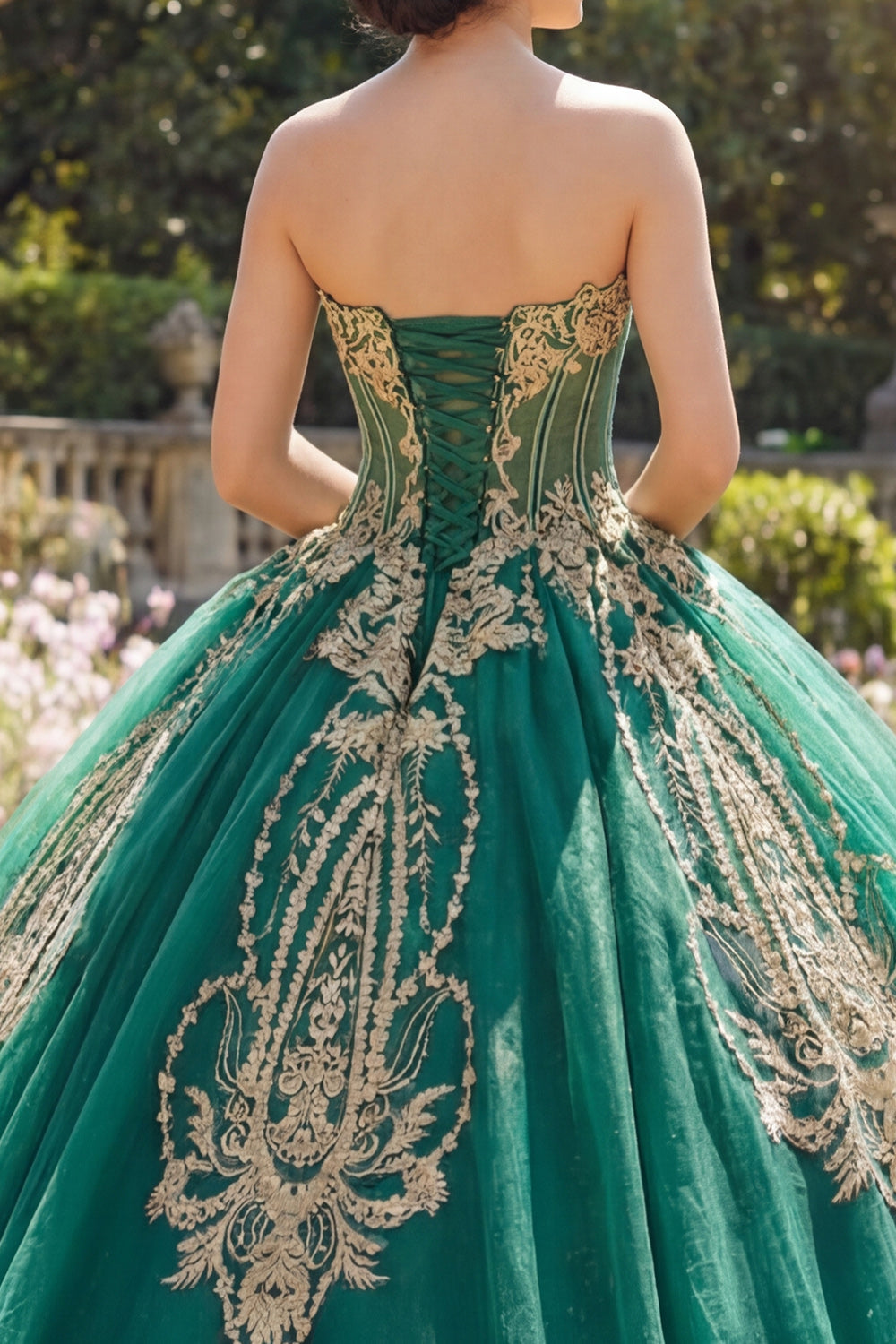 Ball Gown Green Strapless Corset Appliqued Quinceanera Dress