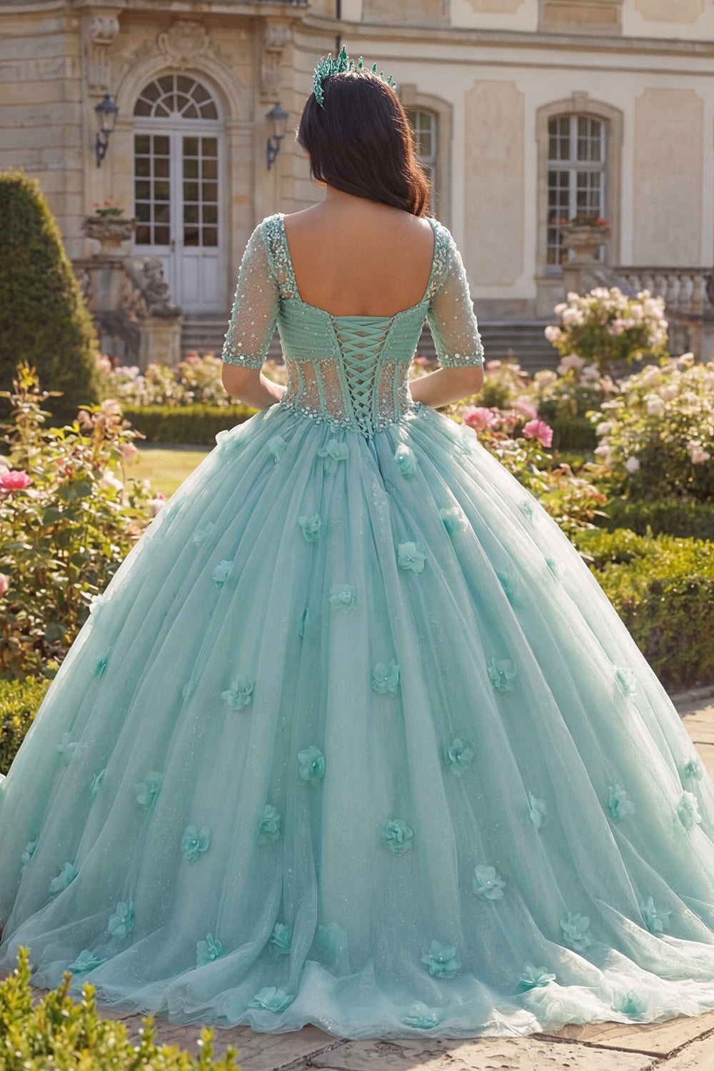 Light Green Ball Gown Half Sleeve Corset 3D Flower Quinceanera Dress