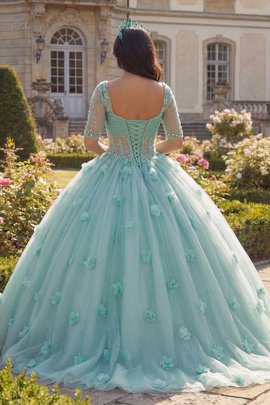 Vestido de Quinceañera con Corsé de Media Manga y Flores 3D, Color Verde Claro