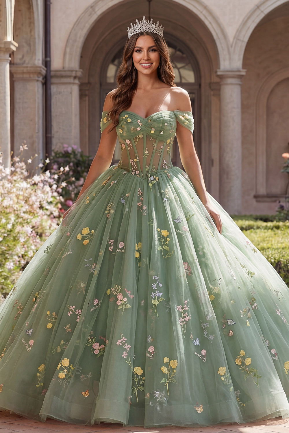Off-the-Shoulder Green Corset Ball Gown Floral Quinceañera Dress