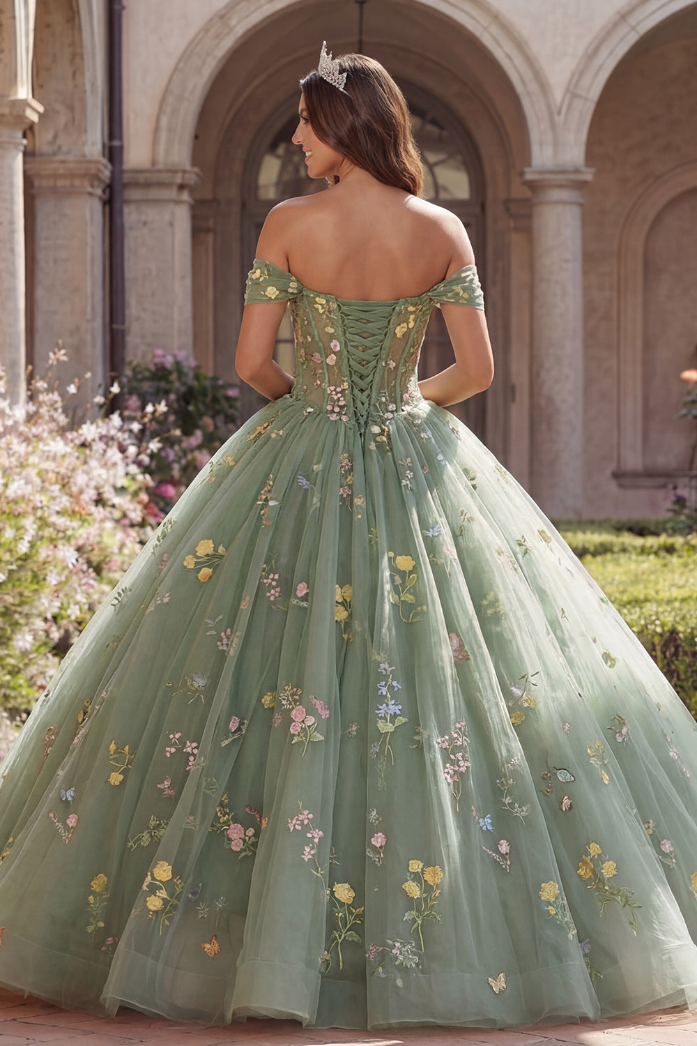 Off-the-Shoulder Green Corset Ball Gown Floral Quinceañera Dress