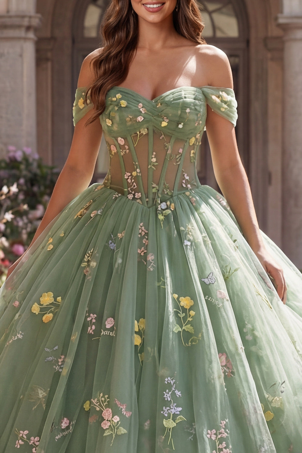 Off-the-Shoulder Green Corset Ball Gown Floral Quinceañera Dress