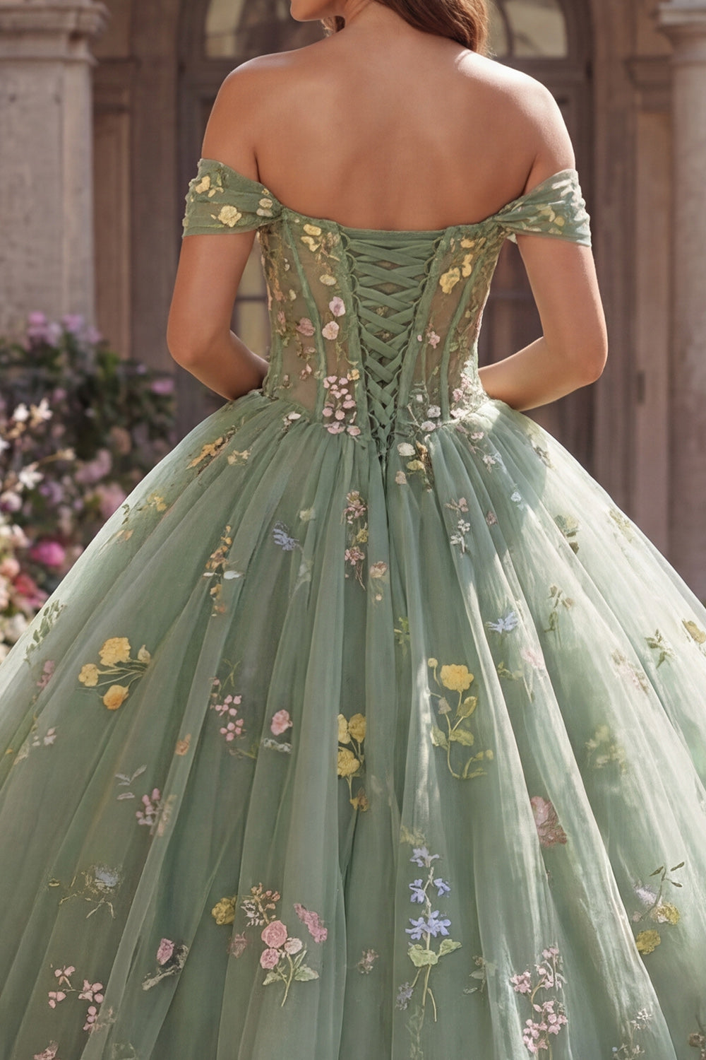 Off-the-Shoulder Green Corset Ball Gown Floral Quinceañera Dress