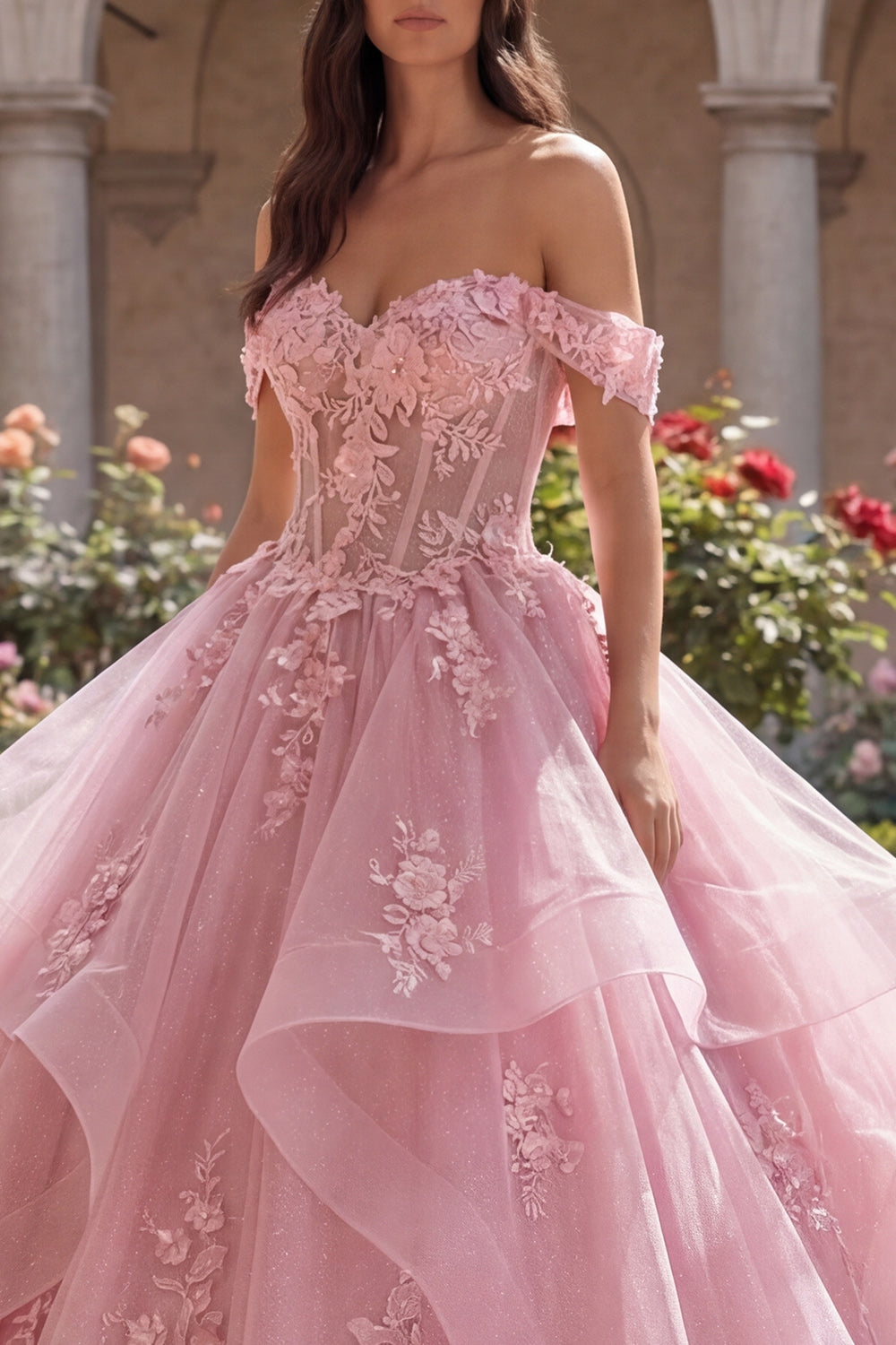Vestido de Quinceañera Rosa con Hombros Descubiertos, Aplicaciones y Volantes