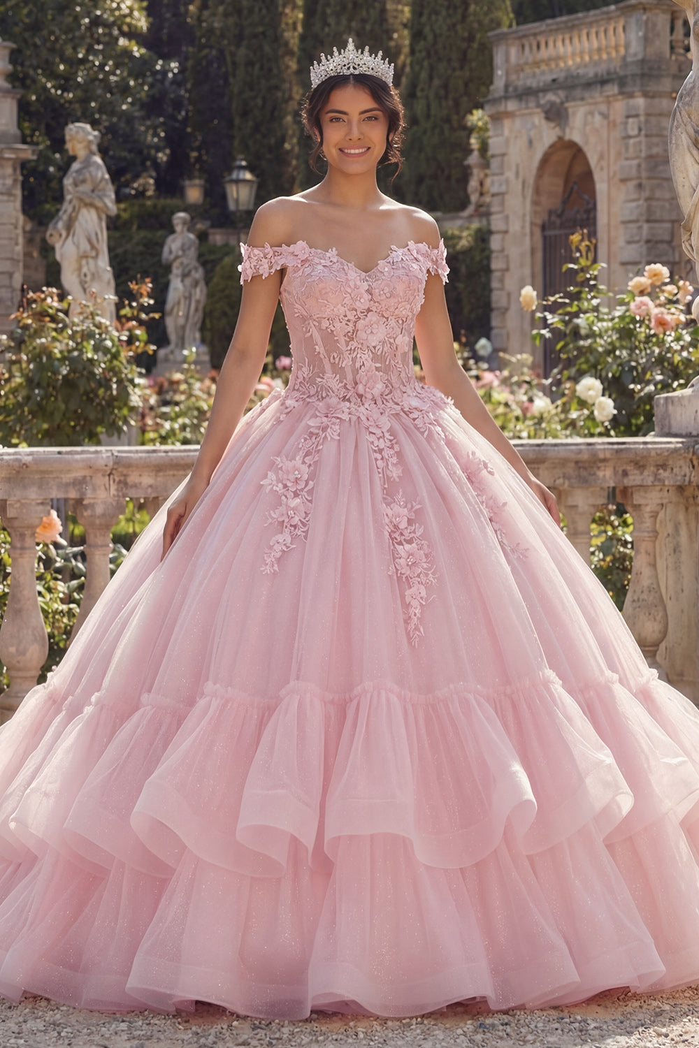 Pink Off-The-Shoulder Ball Gown with Appliquéd Tiers for Quinceañera