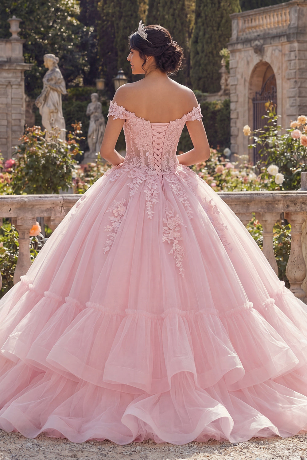 Pink Off-The-Shoulder Ball Gown with Appliquéd Tiers for Quinceañera