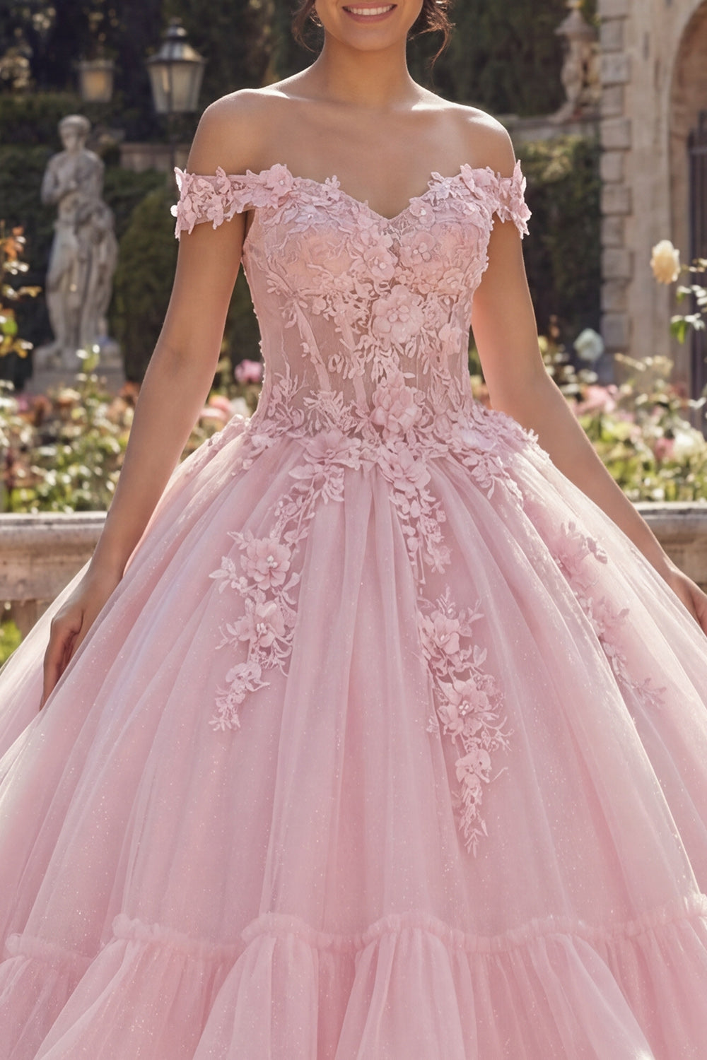 Pink Off-The-Shoulder Ball Gown with Appliquéd Tiers for Quinceañera