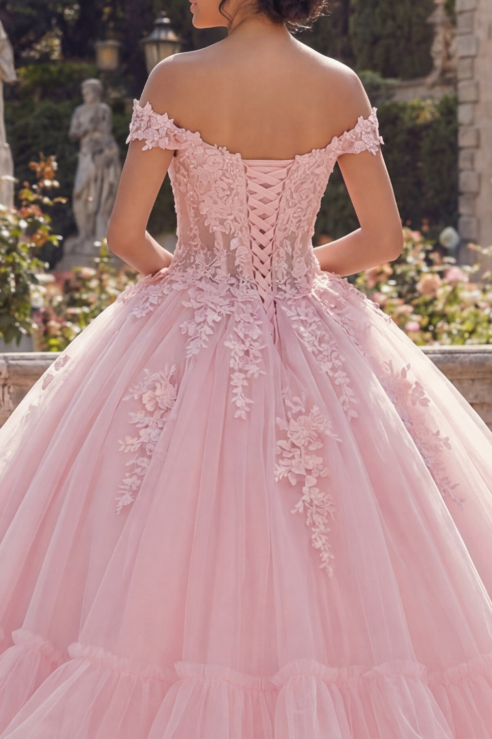 Pink Off-The-Shoulder Ball Gown with Appliquéd Tiers for Quinceañera