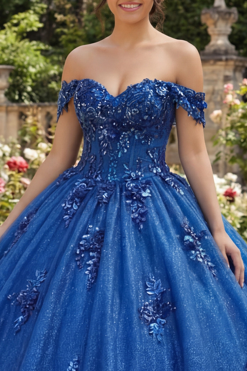 Sparkly Royal Blue Off The Shoulder Appliqued Ball Gown Quinceanera Dress