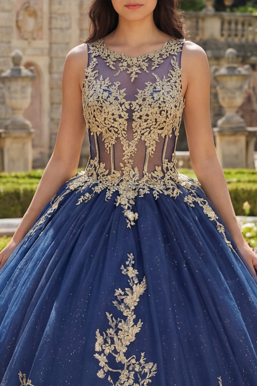 Navy Round Neck Corset Appliqued Ball Gown Quinceanera Dress