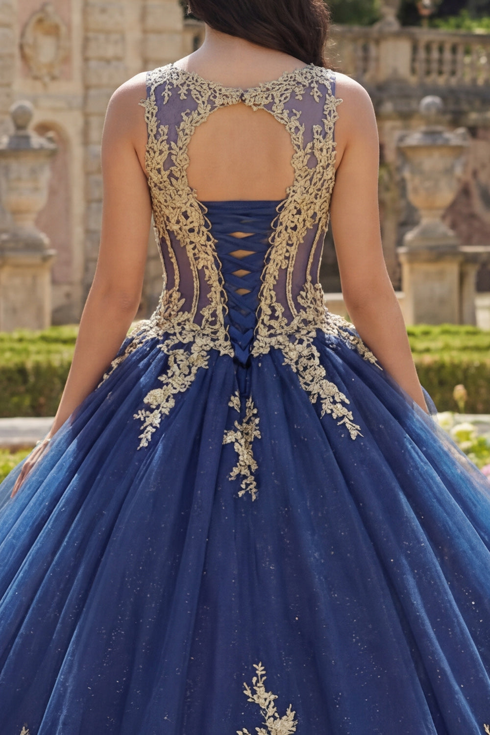 Navy Round Neck Corset Appliqued Ball Gown Quinceanera Dress